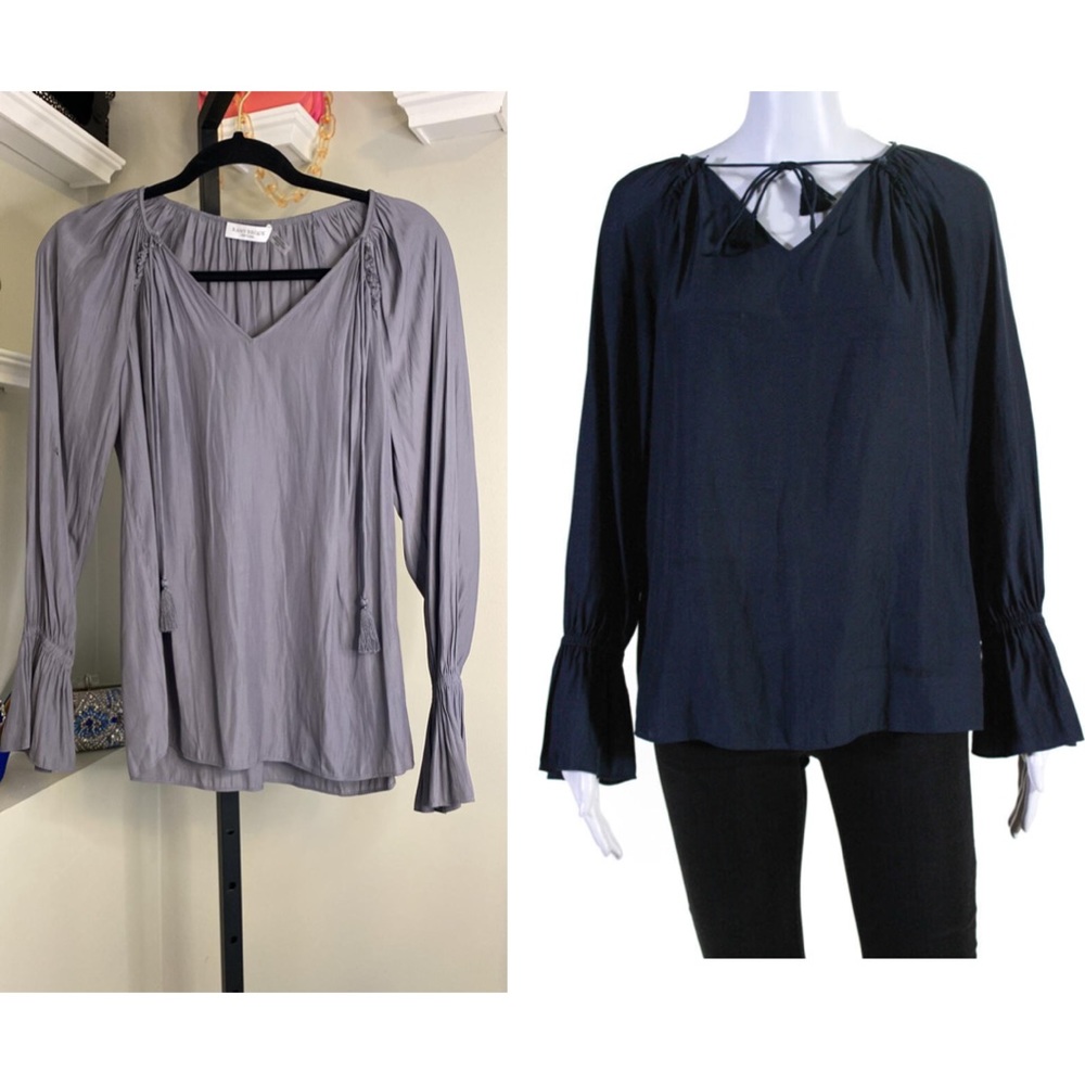 Ramy Brook Womens Satin Blue Tie Front V-Neck Long Sleeve Blouse Top